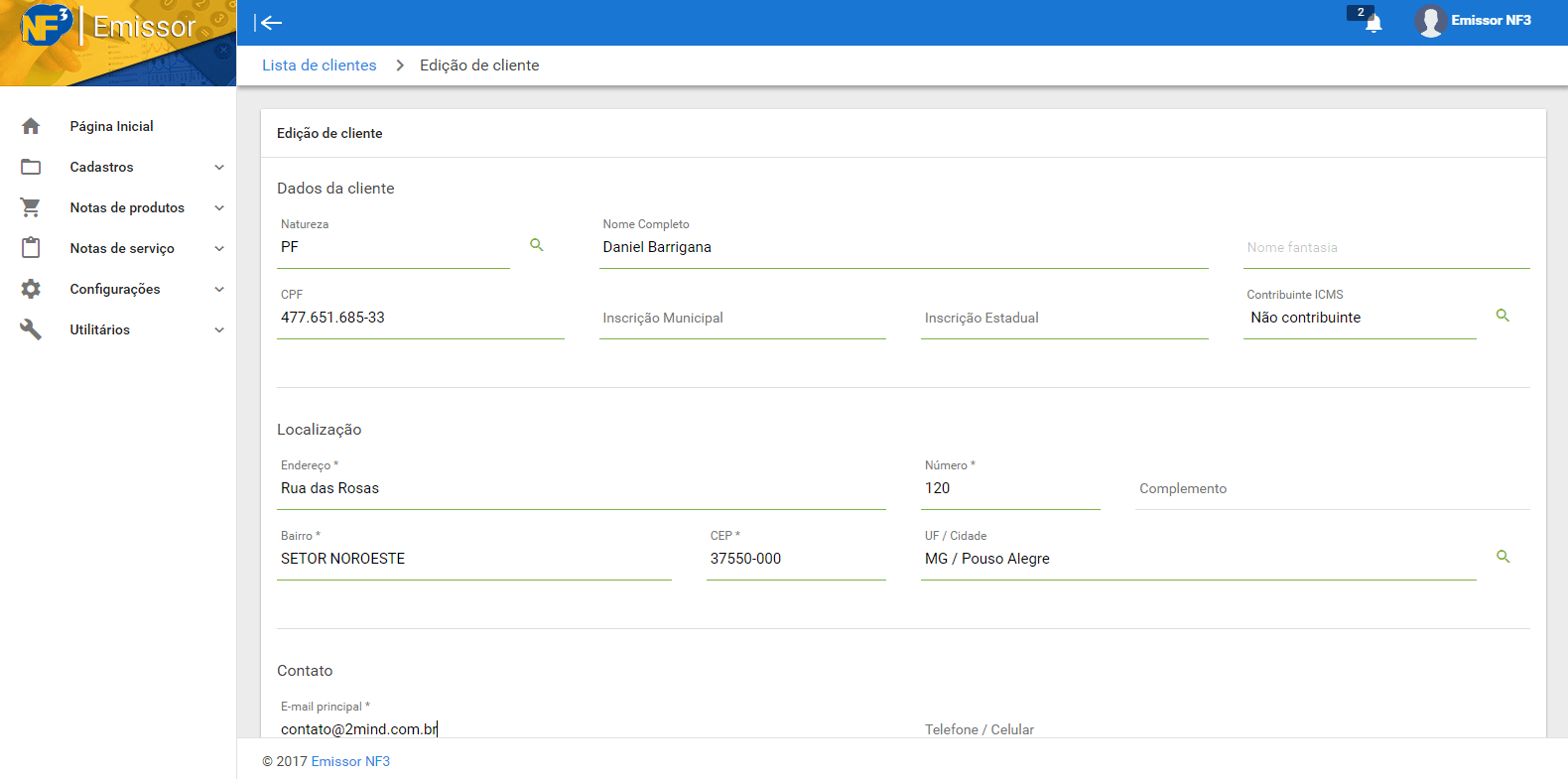 Cadastro de clientes Emissor NF3