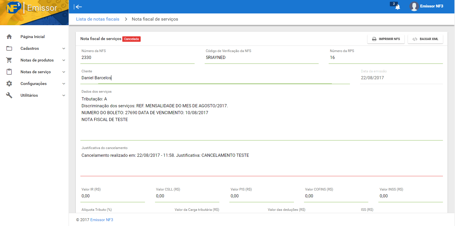 Visualização de nota Emissor NF3